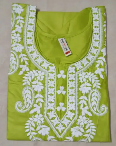 Green Cotton Kurti with White Thread Embroidery-XXL