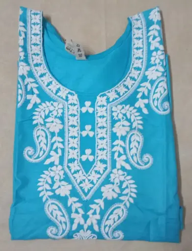Navy Blue & White White Thread Embroidery Cotton Kurti - XXL 