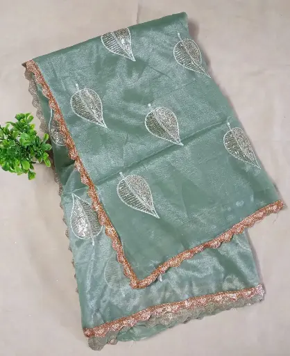  Elegant Pastel Green Designer Jimmchu Saree with Golden Leaf Embroidery & Lace Border