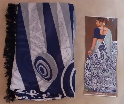 Navy Blue & Grey Light Weight Crushed Silk Saree
