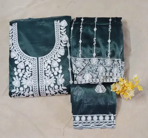 Heavy Embroidery  Designer Semi-Stitched Gharara  Set with Dupatta - Dark Green