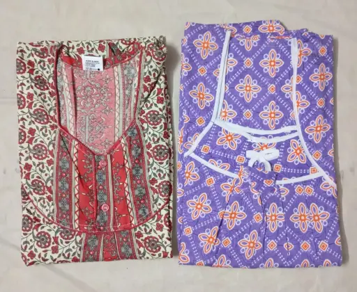 Cream base with red floral and lavendar color floral print nighty - free size