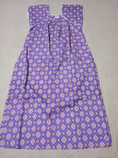 Lavender purple base with orange and white flower motifs, trimmed with white piping nighty - free size