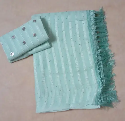 Green Color Striped Soft Silk Saree with Designer Tassel Border & Sequin Work Blouse 