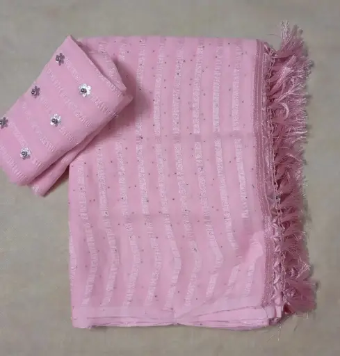Pink Color Striped Soft Silk Saree with Designer Tassel Border & Sequin Work Blouse