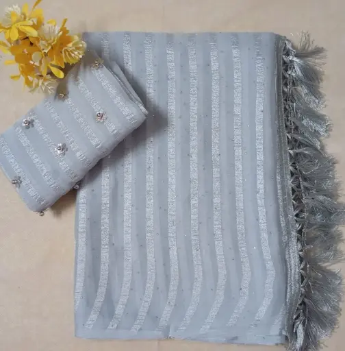 Grey Color Striped Soft Silk Saree with Designer Tassel Border & Sequin Work Blouse