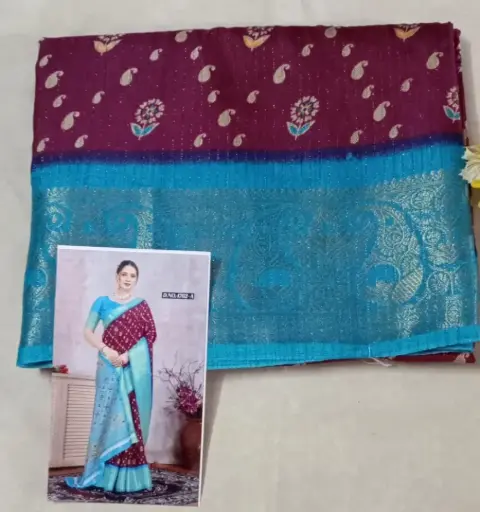 Teal Blue and Marron Fancy Desinger Saree