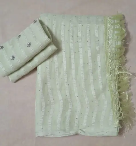 Pastel Green Striped Soft Silk Saree with Designer Tassel Border & Sequin Work Blouse