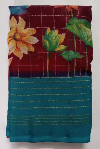 Maroon and Green Floral Fancy Saree
