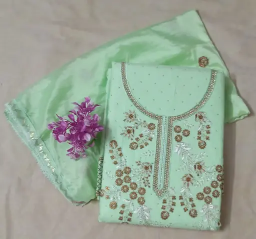 Elegant Pista Green Embroidered Jam cotton Dress material with Sequin and Thread Work 