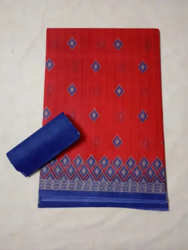  Printed Cotton Saree Red With Blue Border
