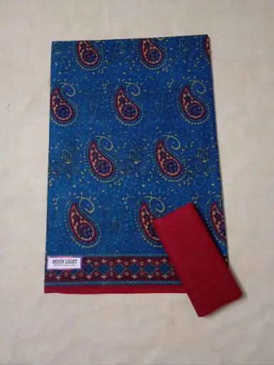 Printed Cotton Saree Blue With Red Border