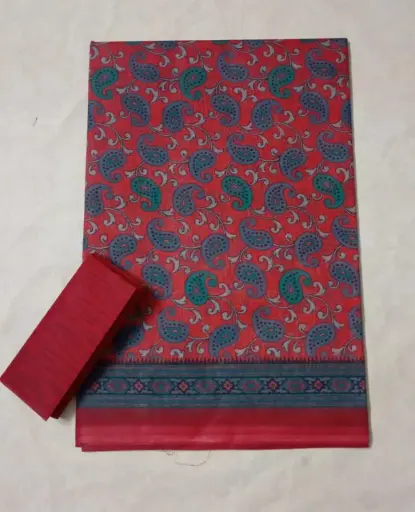 Printed Cotton Saree Red With Grey Design Pattern