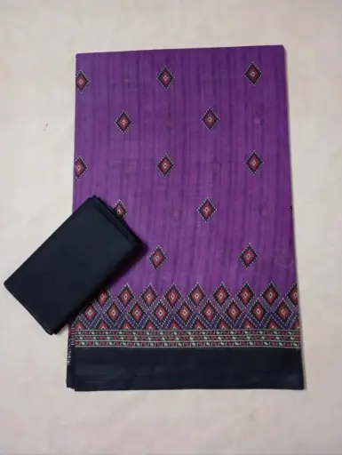 Printed Purple Cotton Saree With Black Border