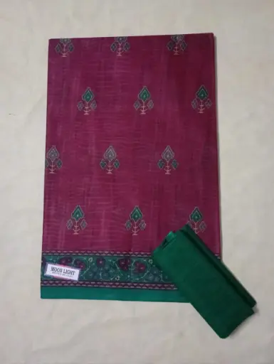 Printed Rich Pink Cotton Saree With Green Border