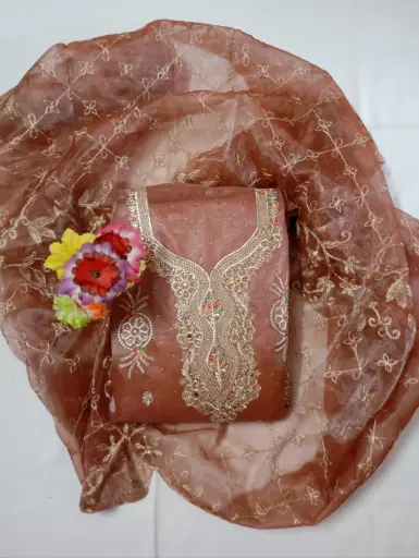 Elegant Rust Embroidered Organza Salwar Suit Dress Material with Dupatta for Women 