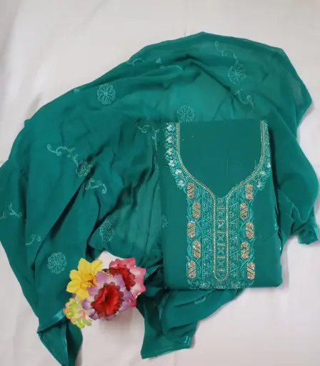 Graceful Green Embroidered Cotton Salwar Suit Material with Dupatta