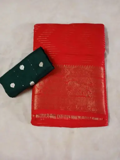 Rich Red Fancy Pattu Saree With Contrast Blouse
