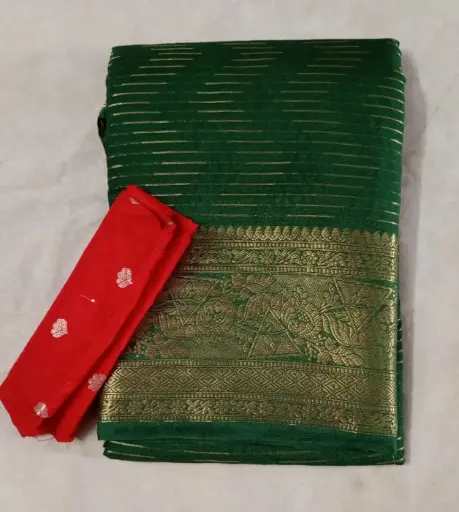 Dark Green Fancy Pattu Saree With Contrast Blouse