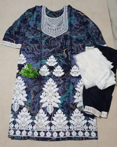  Navy Blue Embroidered Salwar Suit Set with Floral Thread Work 