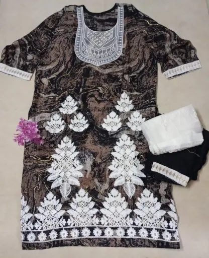 Brown Embroidered Salwar Suit Set with Floral Thread Work