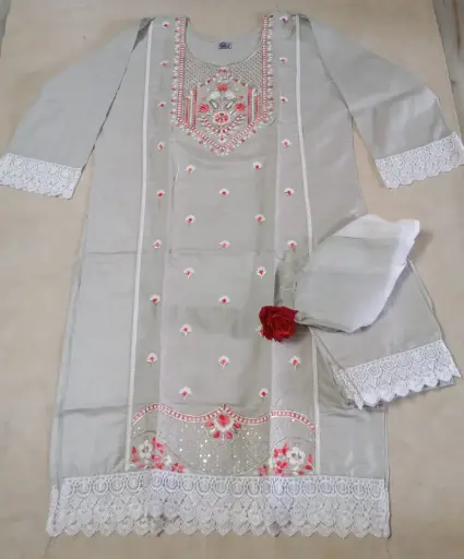 Light Grey Embroidered Salwar Suit Set With Lace Detailing