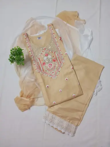 Light Cream Embroidered Salwar Suit Set With Lace Detailing