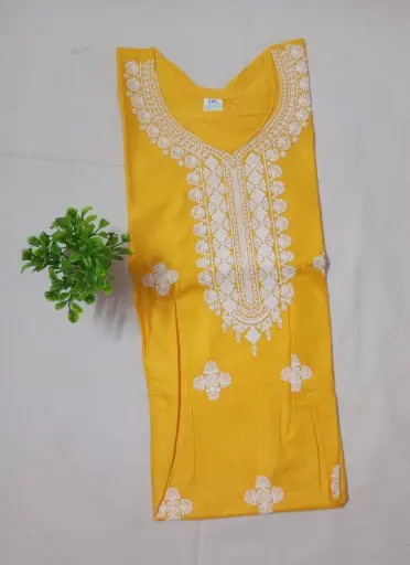 Yellow Cotton Kurti with White Thread Floral Embroidery