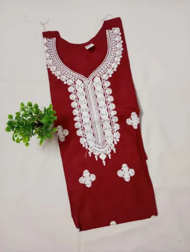Maroon Cotton Kurti with White Thread Floral Embroidery