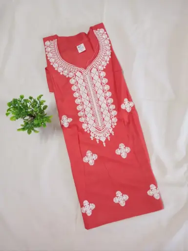 Reddish Coral Cotton Kurti with White Thread Floral Embroidery
