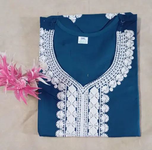  Cobalt Blue Cotton Kurti with White Thread Floral Embroidery