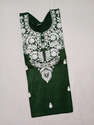 Dark Green Cotton Kurti with White Embroidery