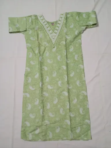 Soft Green Cotton Printed Kurti With V-Neck Line