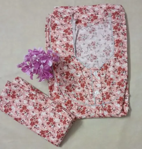 Red Floral Long Sleeve Cotton Nighty