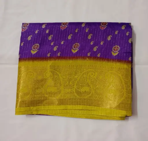 Purple Dola Silk Saree with Golden Zari Border and Floral Butta Work 