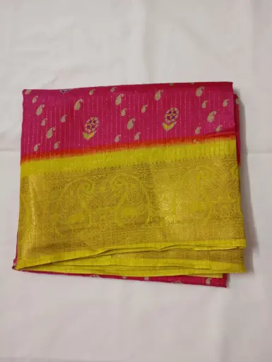Pink Dola Silk Saree with Golden Zari Border and Floral Butta Work