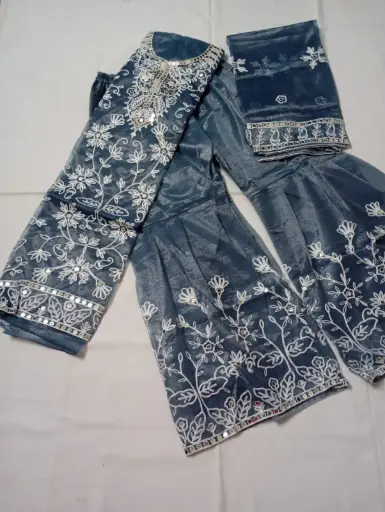 Semi Stitched Blue Sharara With Embroidery
