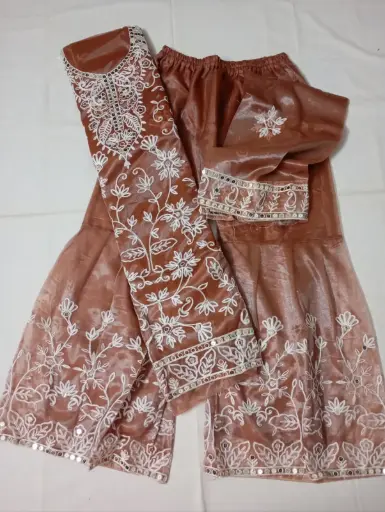 Semi Stitched Rust Brown Sharara With Embroidery
