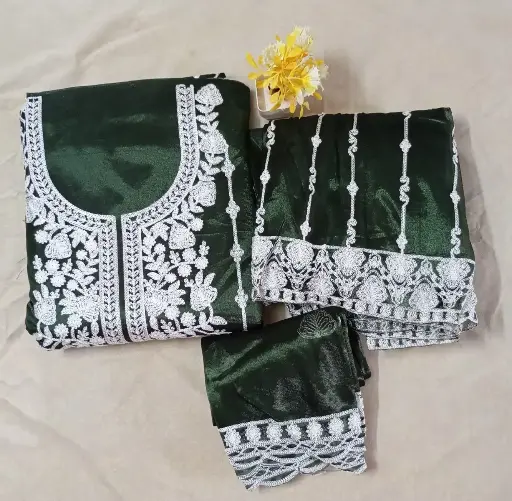 Heavy Embroidery  Designer Semi-Stitched Gharara  Set with Dupatta-Bottle Green