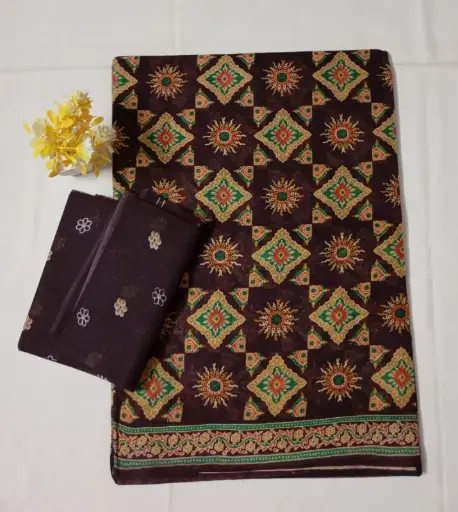 Dark Brown Handloom Cotton Printed Saree 