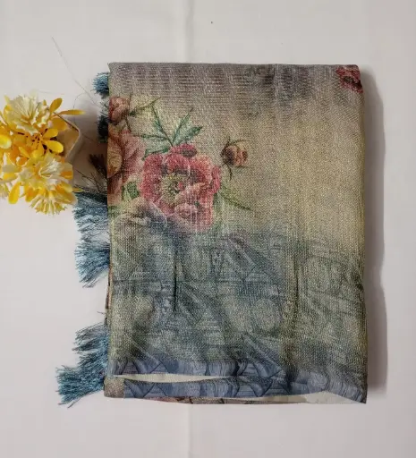 Pastel Color Digital Floral Printed Crushed Tissue Saree