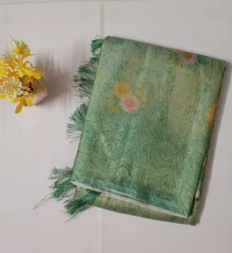 Pastel Green Color Digital Floral Printed Crushed Tissue Saree