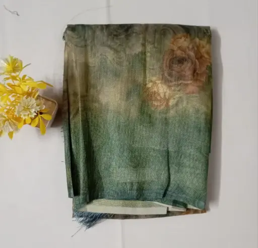 Pastel Dark Green Color Digital Floral Printed Crushed Tissue Saree