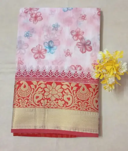  Pink Floral Printed Cotton Saree with Rich Zari Border