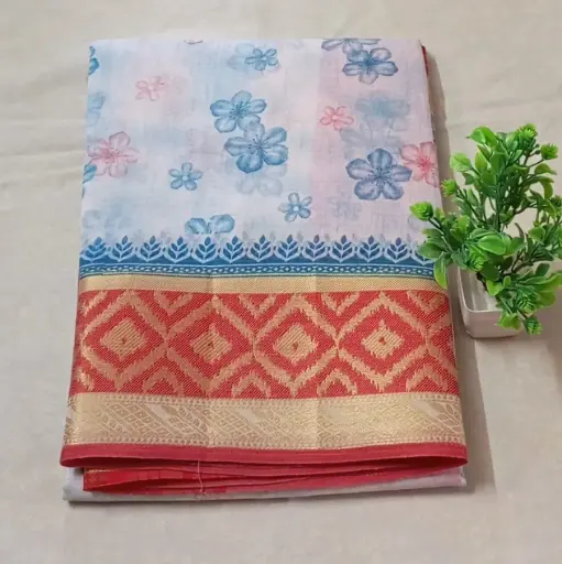 Sky Blue Floral Printed Cotton Saree with Rich Zari Border