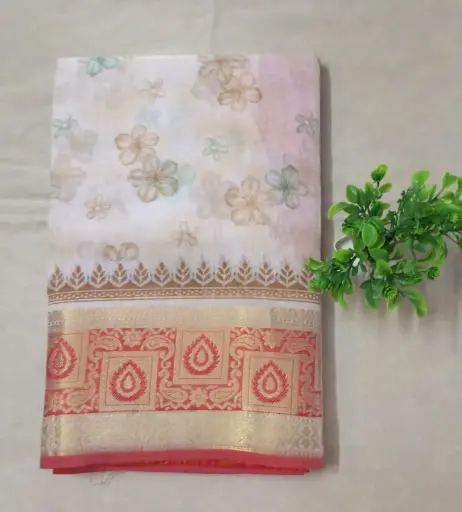 Cream Color Floral Printed Cotton Saree with Rich Zari Border