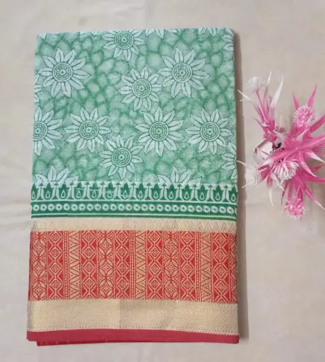 Green Floral Printed Cotton Saree with Rich Zari Border