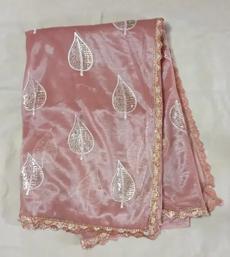  Elegant Peach Color Designer Jimmchu Saree with Golden Leaf Embroidery & Lace Border