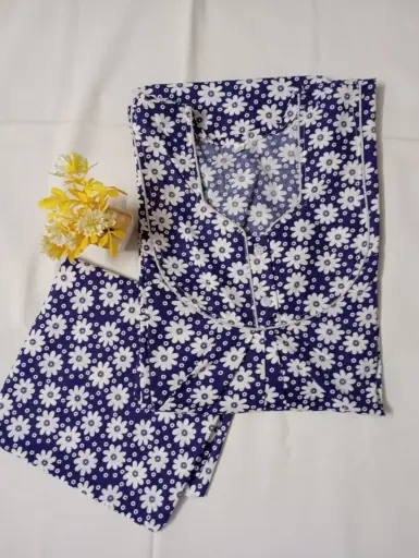 Navy Blue & White Floral Printed Cotton Nighty With Long Sleeves And Dupatta