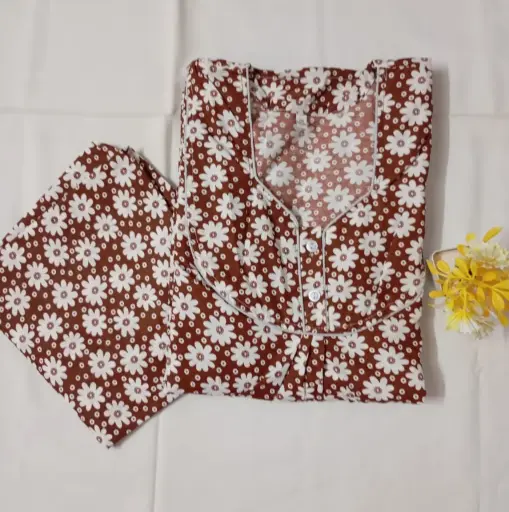 Brown & White Floral Printed Cotton Nighty With Long Sleeves And Dupatta
